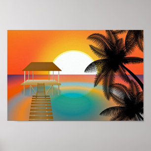 Poster Orange Sunset na praia com Palm Tree Hut