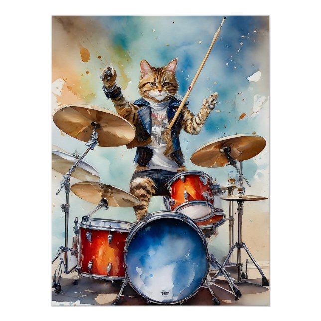 Póster Orange Tabby Cat Rock Star Tocando Tambores (Frente)