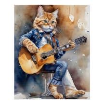 Orange Tabby Cat Rock Star Tocando Violão Acústico