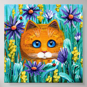 Póster Orange Tabby Cat Roxo Flores de Aster Roxo