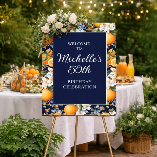 Poster Oranges White Flowers Navy Blue Birthday Welcome (16"x20" birthday poster with oranges on navy blue)