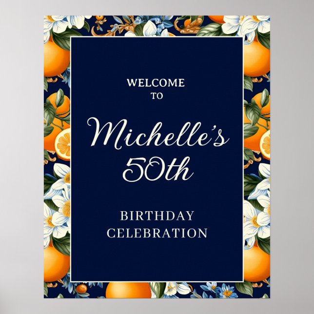 Poster Oranges White Flowers Navy Blue Birthday Welcome (Frente)