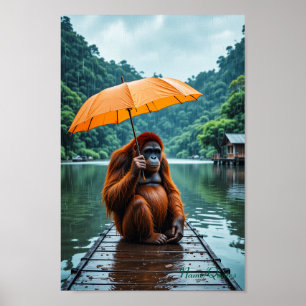 Poster Orangotango com Guarda-chuva Laranja