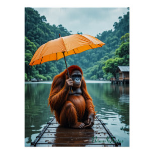 Póster Orangotango com Guarda-chuva Laranja