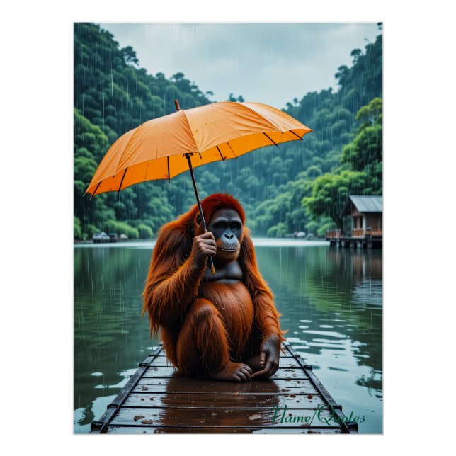 Póster Orangotango com Guarda-chuva Laranja (Frente)