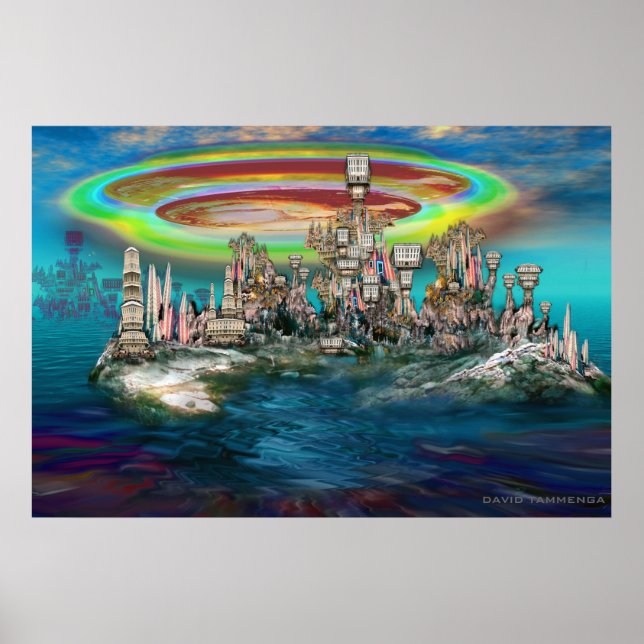 Póster Orb sobre a Ilha UrbanBuildingTrees (Frente)
