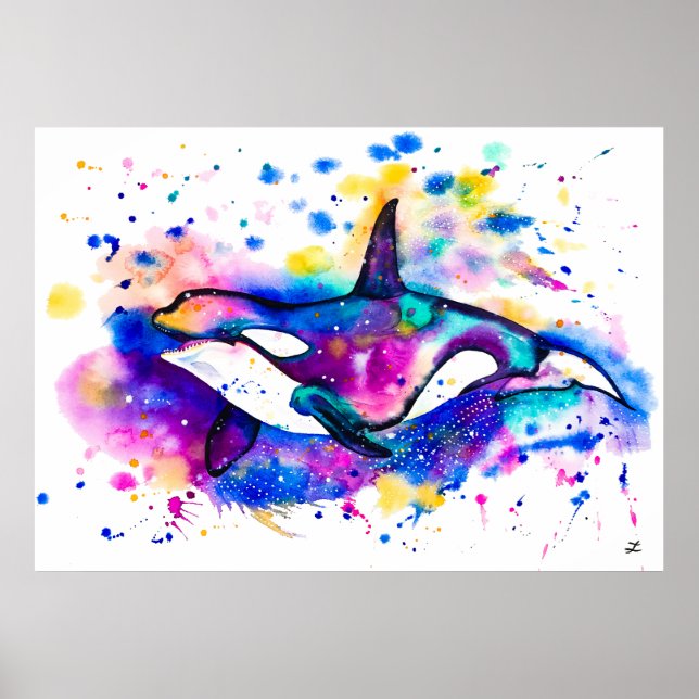 Póster Orca de Aquarela Colorida (Frente)