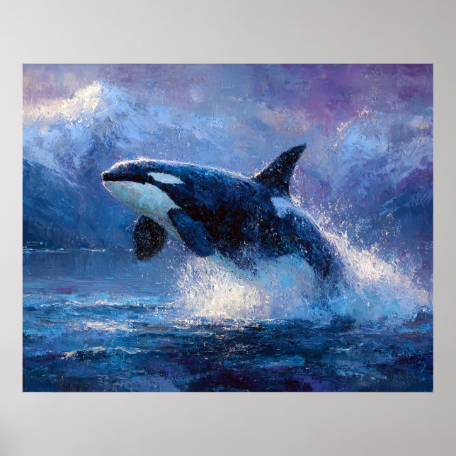 Poster Orca Irrompendo Perto das Montanhas Nevadas (Frente)