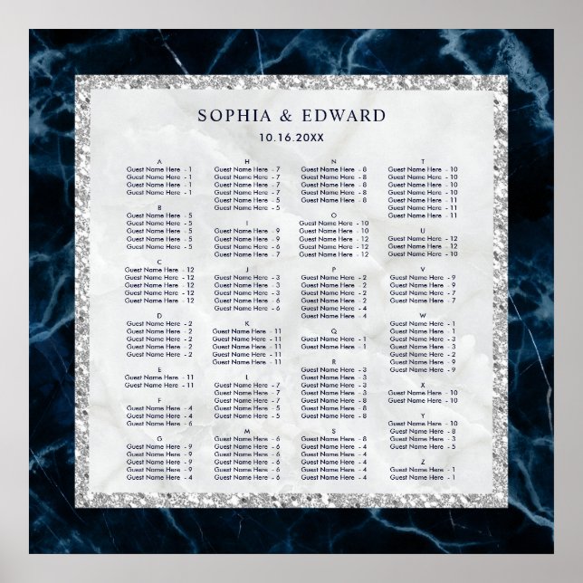Poster Ordem alfabética Carta de assentos para casamento  (Frente)