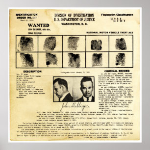 Póster Ordem de DOJ Identifcation John Dillinger 1217