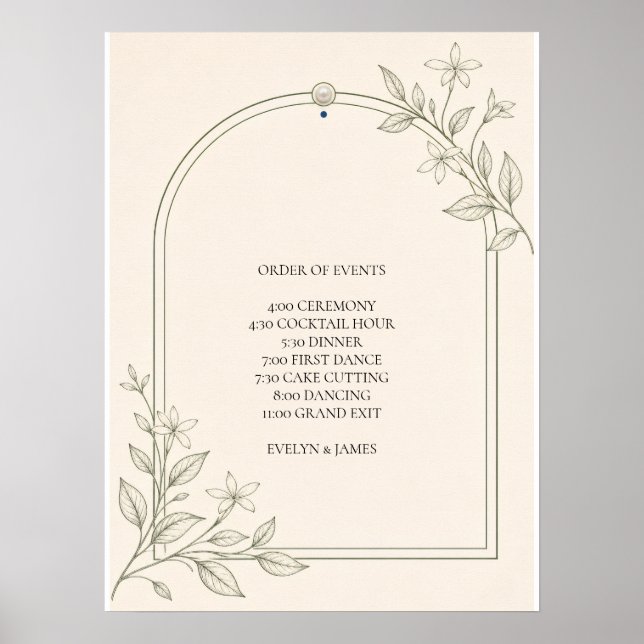 Poster Ordem de Eventos de Casamento Botânico de Oliveira (Frente)