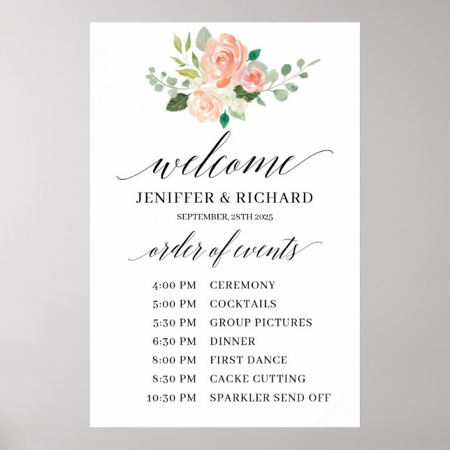 Poster ordem de serviço de casamento floral rosa boêmio (Frente)