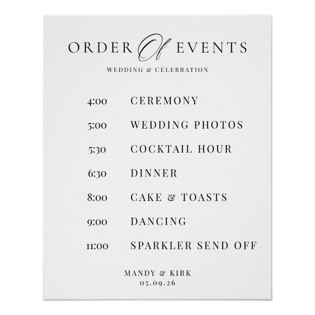 Póster Order of Events Wedding Sign Minimalist Timeline  (Frente)