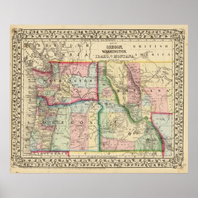 Poster Ore, Wash, Idaho, Mapa Mont de Mitchell (Frente)
