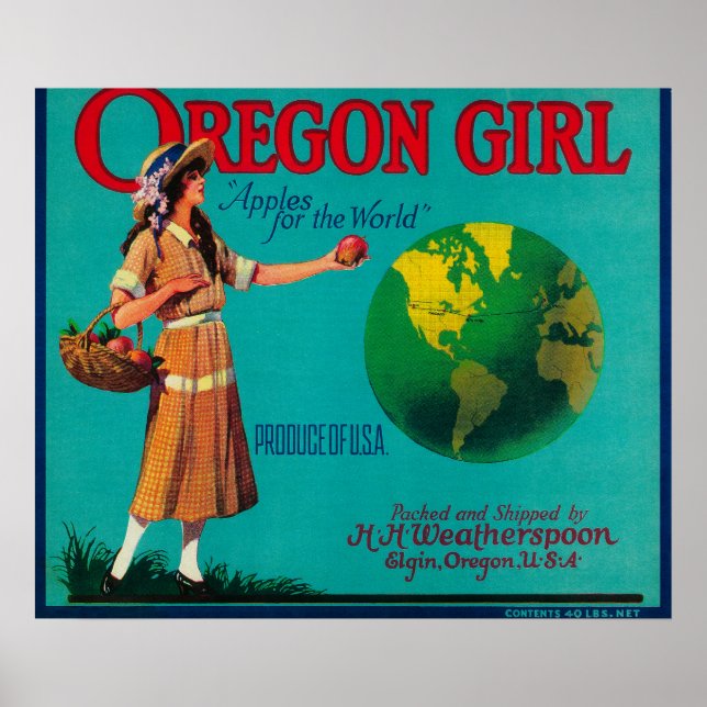 Póster Oregon Girl Apple Crate LabelElgin, OU (Frente)