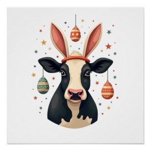 Póster Orelhas de Coelho de Vaca de Páscoa Vintage Ovo de