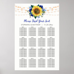 Poster Organograma de Casamento de Girassol Floral Azul