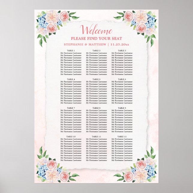 Poster Organograma de Casamento Hydrangea Pink Floral (Frente)