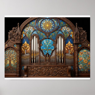 Poster Órgão de Tubos de Vidro Pintado Art Nouveau Madeir