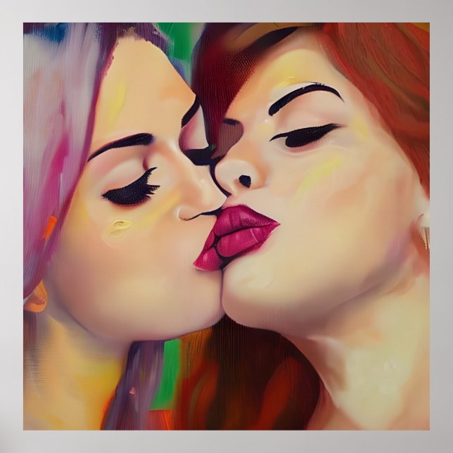 Poster Orgulho de Aquarela Duas Mulheres Compartilham Bei (Frente)