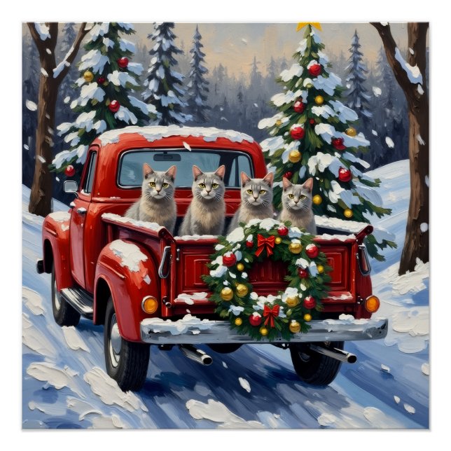 Póster Oriental Blue Cat Christmas Red Truck Holiday (Frente)