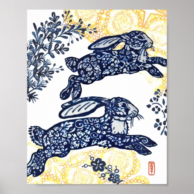 Poster Oriental Blue e Chinoiserie Bunny Rabbit (Frente)