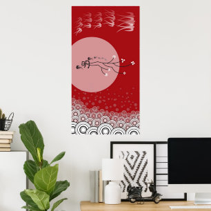 Póster Oriental Bright Moon Engole Pássaros Zen Arte Mode