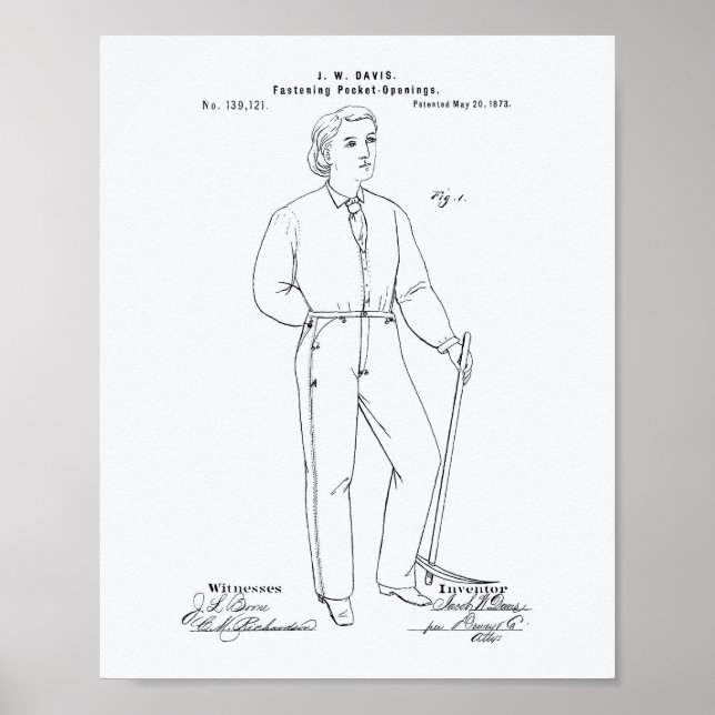 Poster Original Blue Jeans 1873 Patent Art White Paper (Frente)