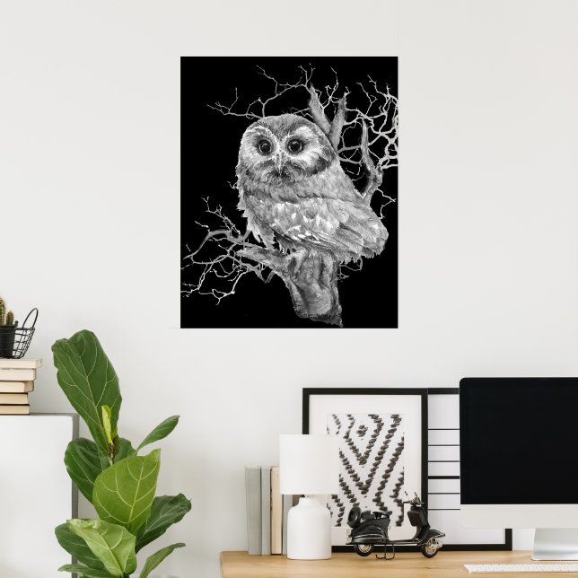 Poster Original Watercolor Baby Owl Bird Art (Escritório em casa)