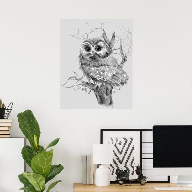 Poster Original Watercolor Baby Owl Bird Art (Escritório em casa)