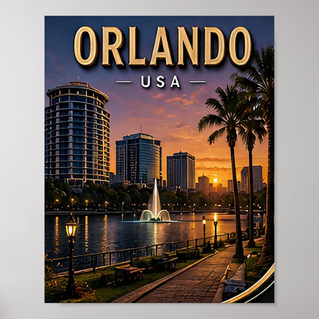 Poster Orlando Lago Eola e Horizonte de Downtown (Frente)