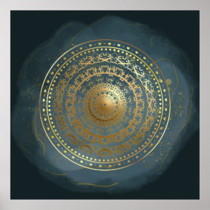 Poster Ornamentado azul e Dourado floresce