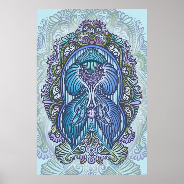 Póster Ornamentado Azul e Teal Mandala Design (Frente)