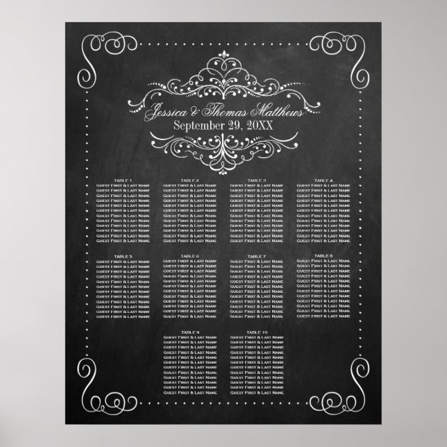 Poster Ornamentado Flourish Chalkboard Wedding Sating Cha (Frente)