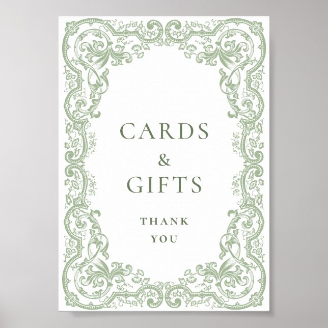 Poster Ornamentado Renascentista Sage Green Cards e prese (Frente)