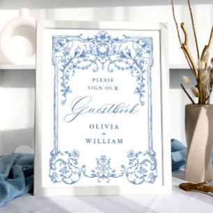 Poster Ornamentado Vitoriano Grace Floral Blue Guestbook
