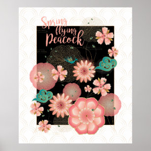 Poster Ornamento Floral de Peacock primavera Peach Garden