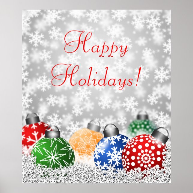 Poster Ornamentos de Árvores de Natal em Snowy Background (Frente)