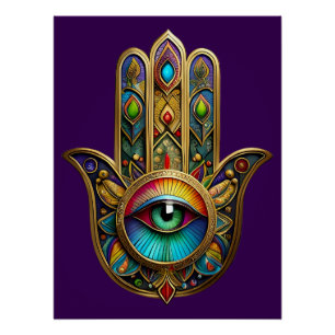 Póster Ornate Dourado Colorido Hamsa Verde no Terceiro Ol