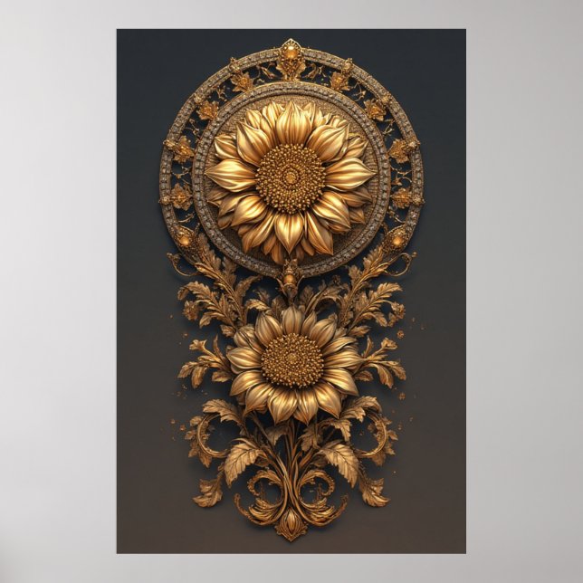 Poster Ornate Gold Frame With Large Metallic Flower Medal (Frente)