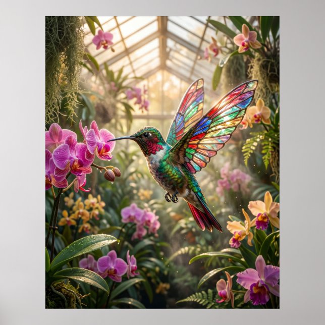 Poster Orquídea Beija-Flor de Vidro Brilho (Frente)