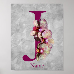 Poster Orquídea Monograma Inicial J Elegante Personalizad
