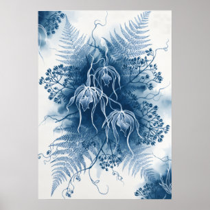 Poster Orquídea Suspensa Azul Samambaia Cianotipia Arte B