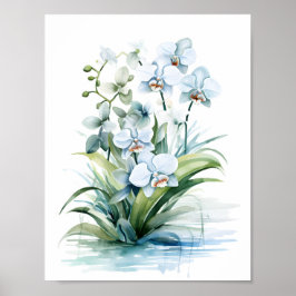 Poster Orquídeas de Aquarela Azul Elegante