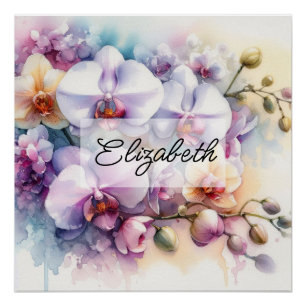 Póster Orquídeas tropicais, cor de água floral e nome