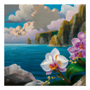 Póster Orquídeas tropicais, oceanos, algemas e nuvens