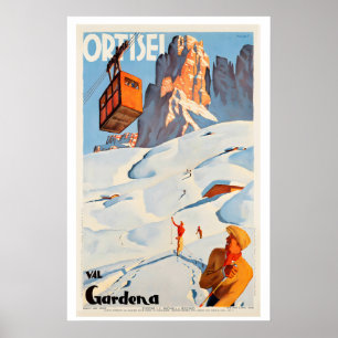 Poster Ortesei Val Gardena Dolomites Itália Esqui Vintage