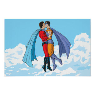 Póster Os dois super-heróis do SlipperyJoe beijando o car