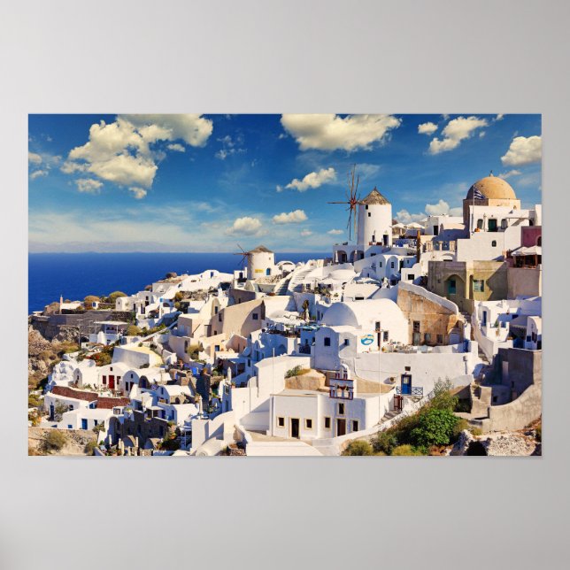 Poster Os moinhos de vento em Oia de Santorini, Grécia (Frente)