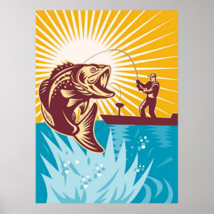 Póster Os peixes do baixo Largemouth voam a haste de